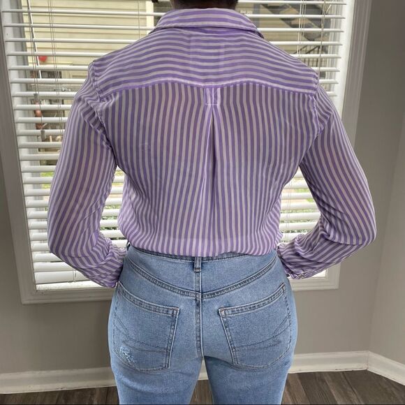American Eagle Button Down Up Purple Striped Sheer Shirt - Picture 8 of 10